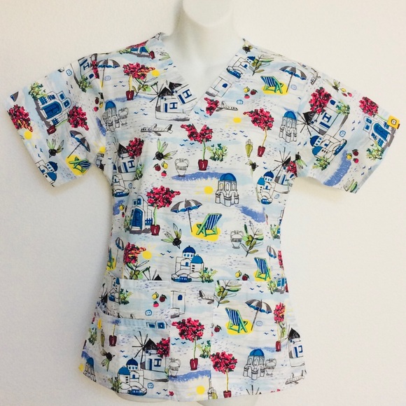 WonderWink SANTORINI Greek Vacation Print SCRUB TOP XS - Picture 5 of 14